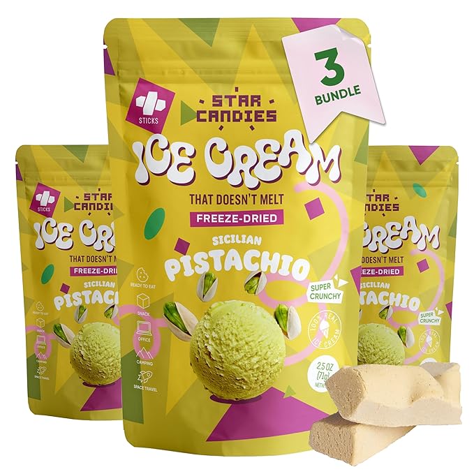 Star Candies Freeze Dried Sicilian Pistachio Ice Cream | No Melting Freeze Dried Candy | Crunchy & Delicious Camping Food | Premium Astronaut Ice Cream loved by Kids and Adults | Space and Astronaut Snack | Gift Set for Birthday or Party (7.5 oz; 3 pack)
