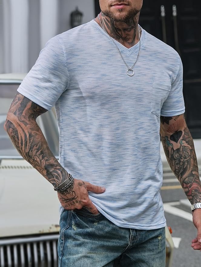 Men's V Neck T Shirts Casual Stylish Fitted Stretch Tee Shirt with Pocket (S-3XL)