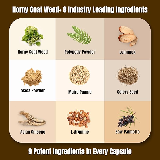 Premium Horny Goat Weed + 9 Ingredients - Performance Pills for Men for Fast Acting Blood-Flow, Build Muscle & Supports Men's Health | 9 Backed Ingredients | 3rd Party Tested Supplement - 60 Pills