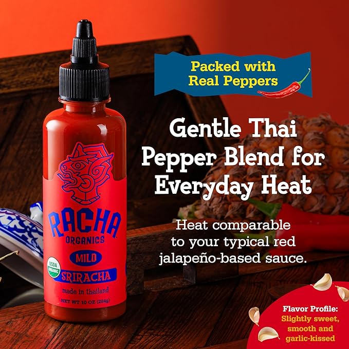 Racha Organics Mild Sriracha Hot Sauce - USDA Organic Sriracha Sauce Made with Estate-Grown Thai Chili Peppers - Low-Sugar, Non-GMO, Gluten Free, Keto Friendly - 10oz - Made in Thailand