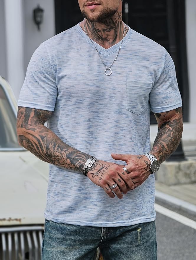 Men's V Neck T Shirts Casual Stylish Fitted Stretch Tee Shirt with Pocket (S-3XL)