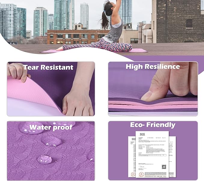 Large Yoga Mat for Men and Women 1/4 & 2/5 Inch Extra Thick TPE Fitness Mat for Home Gym Workout, Non-Slip, Eco Friendly Exercise Mat for Yoga, Pilates, Stretching, Meditation