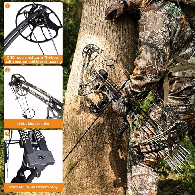 Compound Bow Package for Adults and Teens, 0-70 Lbs Draw Weight,23.5"-31" Draw Length,Limbs Made in USA,Lightweight Design,Archery Hunting Bow Set, Fully Adjustable,2024 New