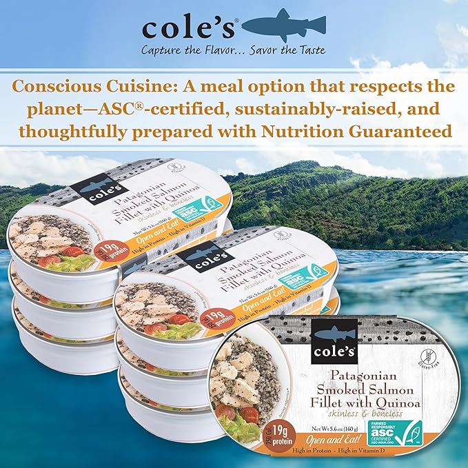 COLE’S - Patagonian Smoked Salmon Fillet with Quinoa| Ready to Eat Meal | 5.6 oz Hand-Packed Canned Fish | 19g Protein | High in Vitamin D | 6 pack