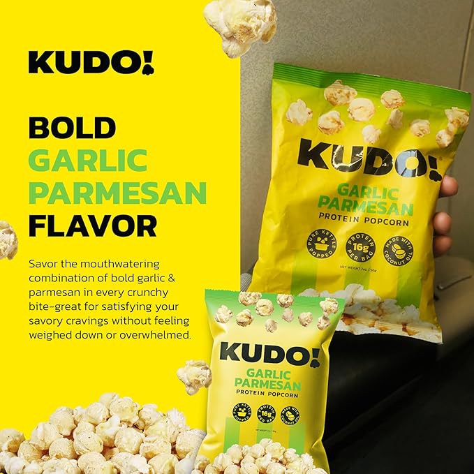 Kudo - Garlic Parmesan Kettle-Popped Protein Popcorn - Whole Grain, No Preservatives, No Artificial Flavors, Zero Trans Fat, Tasty Snack - 2oz