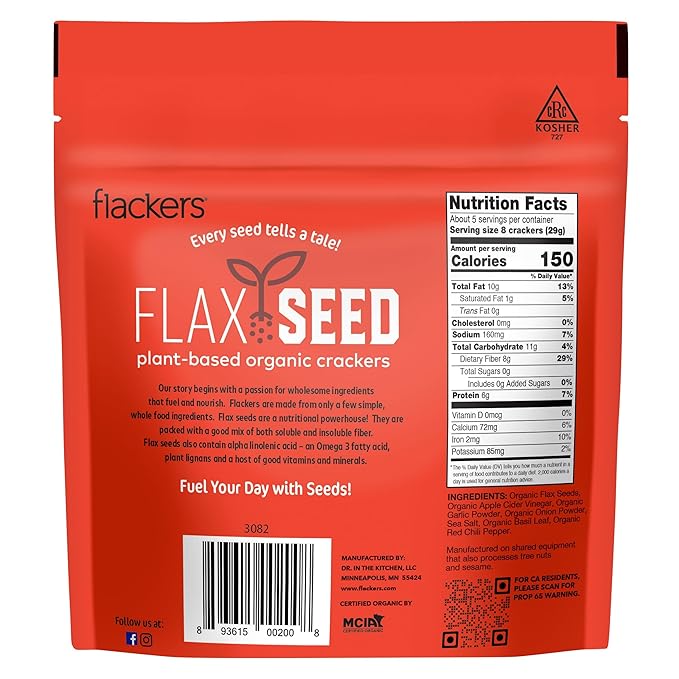 Flackers Organic Savory Flaxseed Crackers, 5 Ounce 6-Pack, Gluten Free, Non GMO, Vegan, Keto Snack, 8g Fiber, 3g Net Carbs