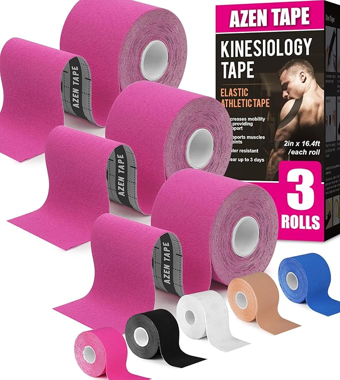 AZEN 3 Rolls Kinesiology Tape, 16.4 ft Waterproof Kinetic Tape for Joints Support and Muscle Pain Relief, Uncut Muscle Tape, Knee Tape, Athletic Tape, Pink