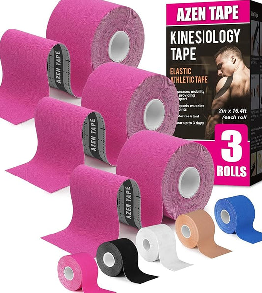 AZEN 3 Rolls Kinesiology Tape, 16.4 ft Waterproof Kinetic Tape for Joints Support and Muscle Pain Relief, Uncut Muscle Tape, Knee Tape, Athletic Tape, Pink