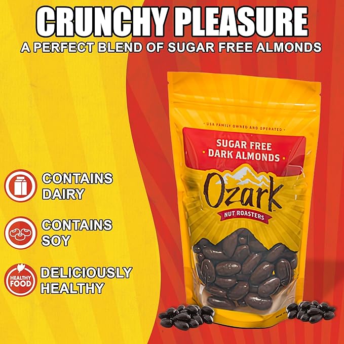 OZARK NUT ROASTERS, Sugar-Free Dark Almonds, Dark Chocolate Flavored Snacks, No Sugar Added, World-Class Gourmet Candied Nuts, Resealable Pack of 2 (14.0 oz)