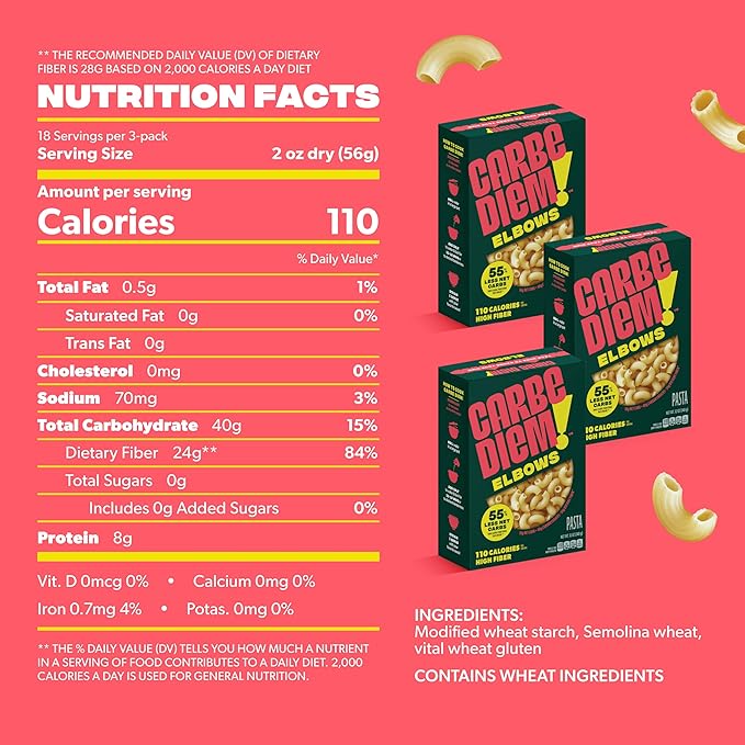 Carbe Diem!, Elbows, Lower Net Carb Pasta with Traditional Flavor & Texture, 55% Fewer Net Carbs & Only 110 Calories Per Serving, Pack of 3