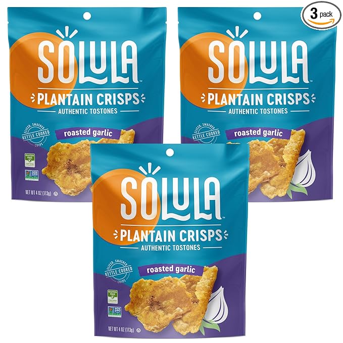 Solula Plantain Crisps Authentic Tostones, Roasted Garlic, 4 Ounce (Pack of 3), Kettle Cooked Chips, Gluten Free, Paleo Friendly, Grain Free, Vegan