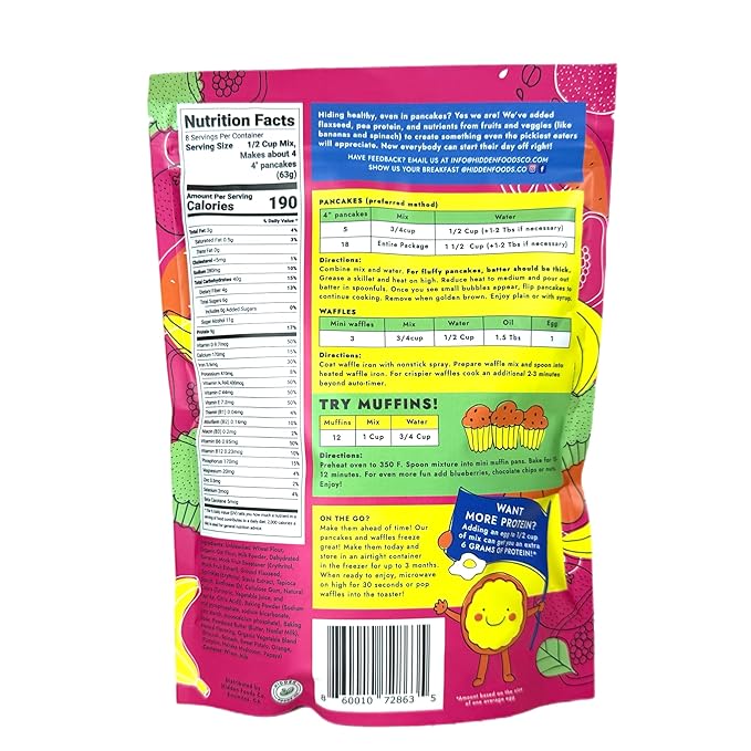 Hidden Foods Sprinkle Pancake & Muffin Mix, Made With Natural Oats, Flaxseed, Fruits & Vegetables | No Added Sugars, Healthy Blend of Protein & Fiber | Breakfast Meal, Just Add Water - 12 Oz - 6 Pack