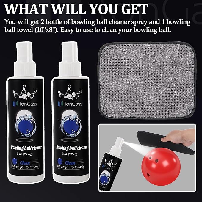 TonGass (2+1 Pack Bowling Ball Cleaner Spray Kit with Towel, Portable Bowling Spray Accessories, Oil & Scuff Mark Cleaner, Restores Tack and Prolongs Lifespan of Ball