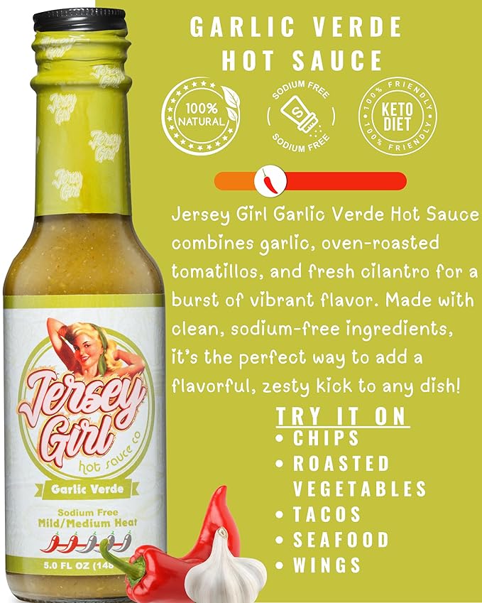 Jersey Girl Hot Sauce - Garlic Verde - No Added Salt - Naturally Sodium Free – All-Natural Healthy Ingredients with Hand-Picked Habaneros & Jalapeno Peppers - Mild/Medium Heat