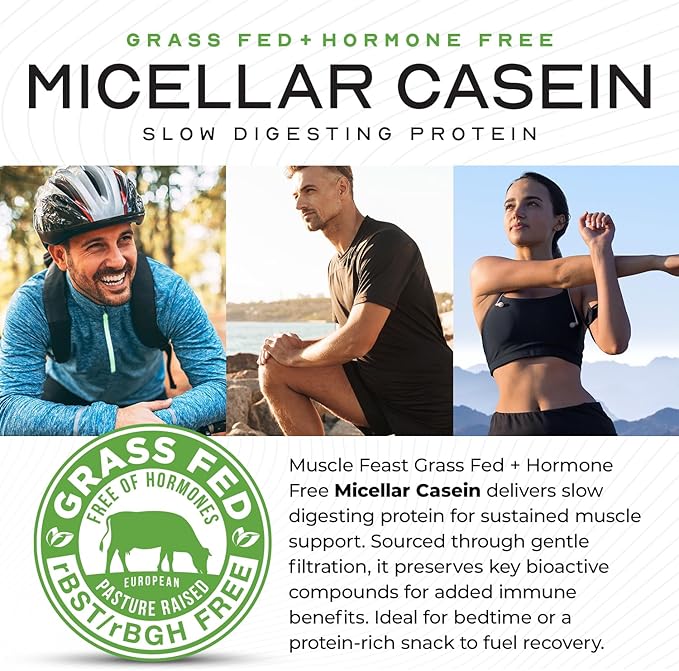 Muscle Feast Grass Fed Micellar Casein Protein Powder, Pasture Raised & Hormone Free, Slow Digesting Casein Protein - Supports Overnight Muscle Recovery, Gluten Free Protein Powder - Unflavored, 2lb