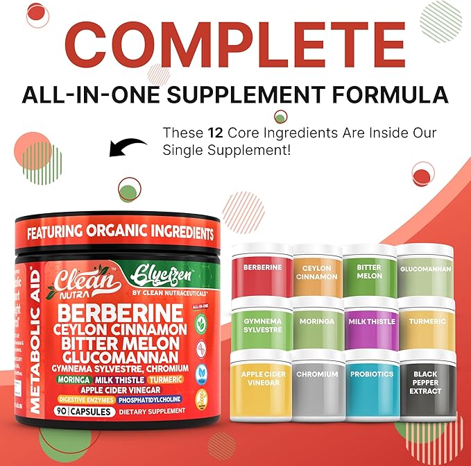 Clean Nutra Berberine Ceylon Cinnamon Bitter Melon Glucomannan Gymnema Sylvestre Chromium Moringa Milk Thistle Turmeric Apple Cider Vinegar Digestive Enzymes Inositol Supplement 90 Capsules