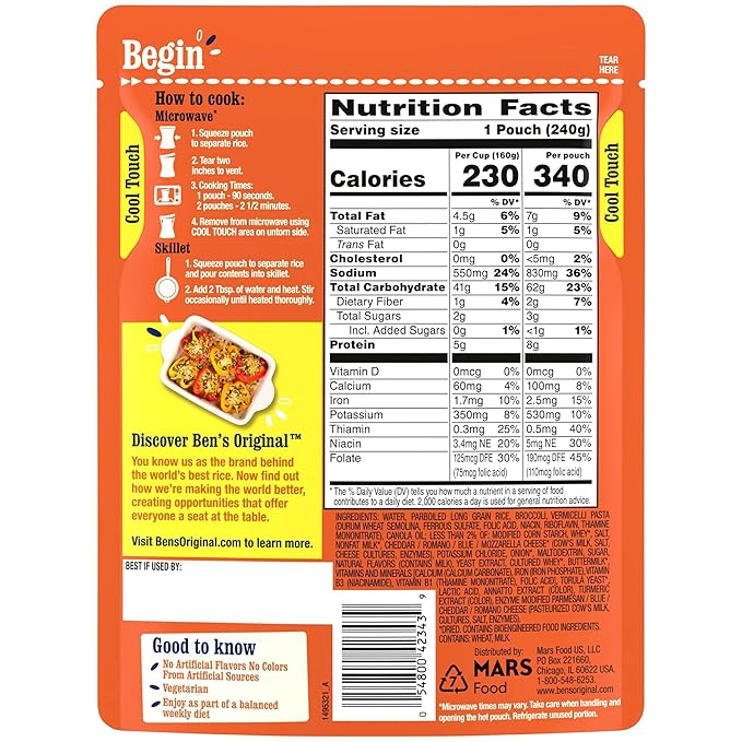 BEN'S ORIGINAL Ready Rice Cheddar Broccoli Flavored Rice, Easy Dinner Side, 8.5 OZ Pouch (Pack of 12)