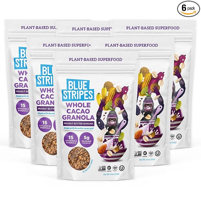 Blue Stripes Whole Cacao Granola - Gluten Free Dark Chocolate Granola for Cereal, Oatmeal, Yogurt, 5g Protein Per Serving, Source of Fiber, Vegan, Low Sugar - Peanut Butter Banana, 8 oz (6 Pack)