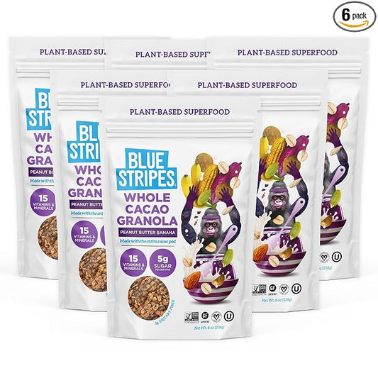 Blue Stripes Whole Cacao Granola - Gluten Free Dark Chocolate Granola for Cereal, Oatmeal, Yogurt, 5g Protein Per Serving, Source of Fiber, Vegan, Low Sugar - Peanut Butter Banana, 8 oz (6 Pack)