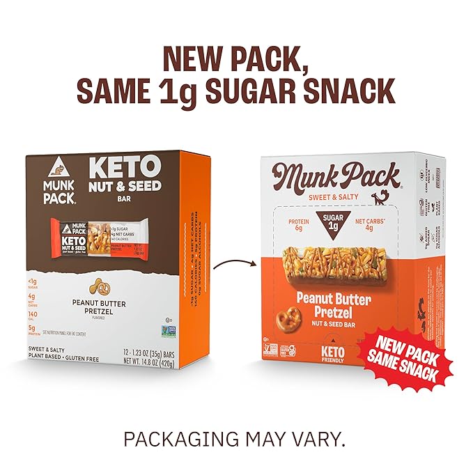 Munk Pack Nut & Seed Snack Bar - 6g Protein, 1g Sugar, 3g Net Carbs, Low Sugar, Keto, and Gluten Free Snack for Adults and Kids, Peanut Butter Pretzel – 4.92 oz, 12 Pack