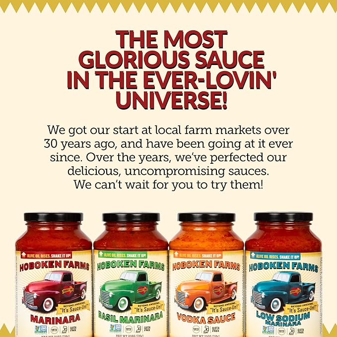 Hoboken Farms Marinara Sauce – No Sugar Added, Low Sodium, Non-GMO, Preservative-Free, Low Carb, Keto – Better For You Pasta Sauce! (25 Fl Oz, Pack of 2)
