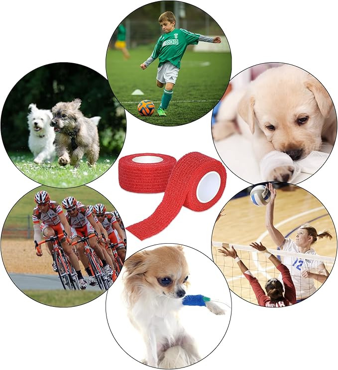 6 Pack 1 Inches Self Adhesive Bandage Wrap Breathable Cohesive Bandage Elastic Tape for Pets, Athletic, Sports, Wrist, Knee, Ankle(5 Yards Per Roll, Red)