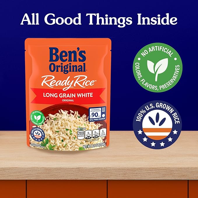 BEN'S ORIGINAL Ready Rice Original Long Grain White Rice, Easy Dinner Side, 8.8 oz Pouch (Pack of 6)