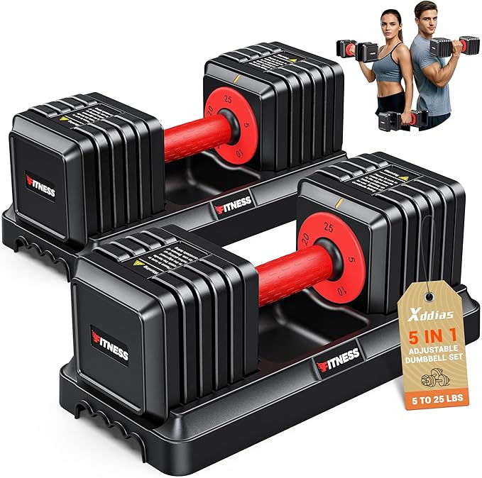 XDDIAS Adjustable Dumbbell Set of 2-25LB/55LB Set-1Sec Adjustable Dumbbell Weights-5 in 1 Free Weights Dumbbells Set with Effortless Tray/No-Slip Handle-Compact Size for Women/Men at Home Gym