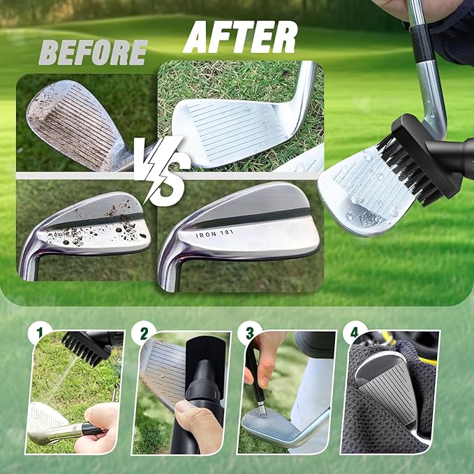 JOISAWF Golf Club Cleaner Brush with Water - 7.5” Pro Golf Groove Cleaner, Leak-Proof Design, 4 Oz Water Bottle & Retainer Clip - Essential Golf Accessories for Men & Women