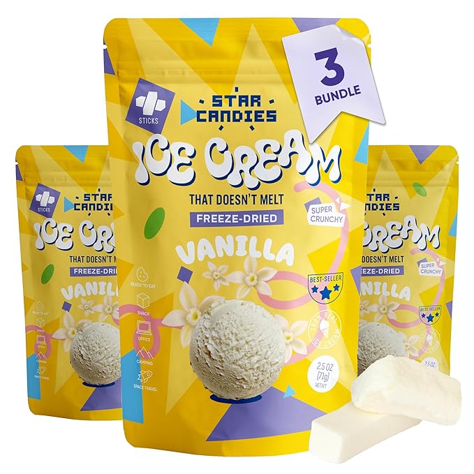 Star Candies Freeze Dried Ice Cream Vanilla | No Melting Freeze Dried Candy | Crunchy & Delicious Camping Food | Premium Astronaut Ice Cream loved by Kids and Adults | Space and Astronaut Snack | Gift Set for Birthday or Party (7.5 oz; 3 pack)
