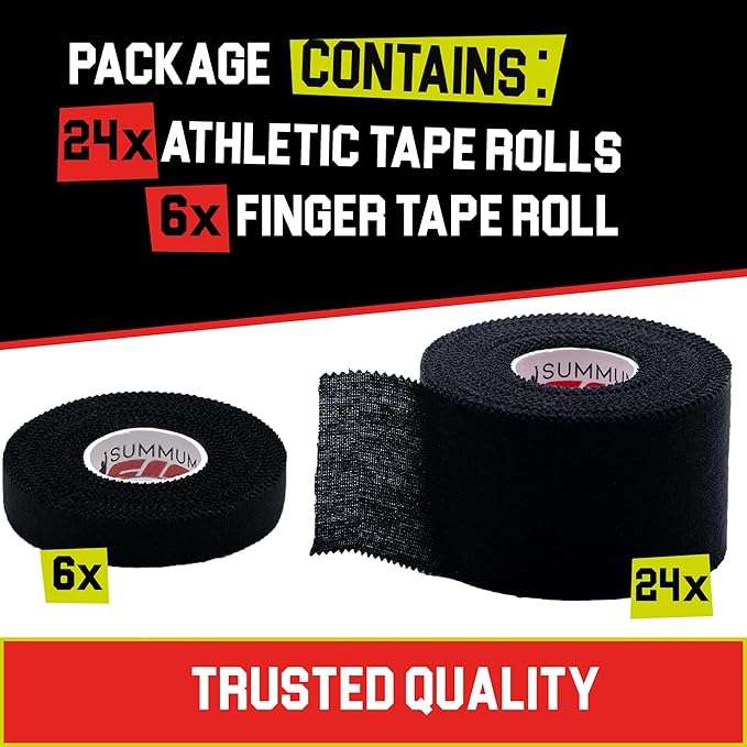 Black Athletic Tape Extremely Strong: 24 Rolls + 6 Finger Roll. Easy to Apply & No Residue. Sports Tape Athletic for Boxing Football Climbing or Gymnastics for Wrist Ankle & Hand Protection