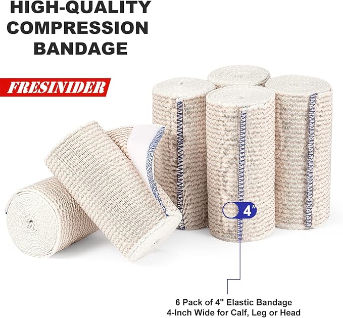 Premium Elastic Bandage Wrap, 6 Pack 4" Cotton Latex Free Compression Bandage Wrap with Touch Closure at Both Ends, Support & First Aid for Sports, Medical, and Injury Recovery