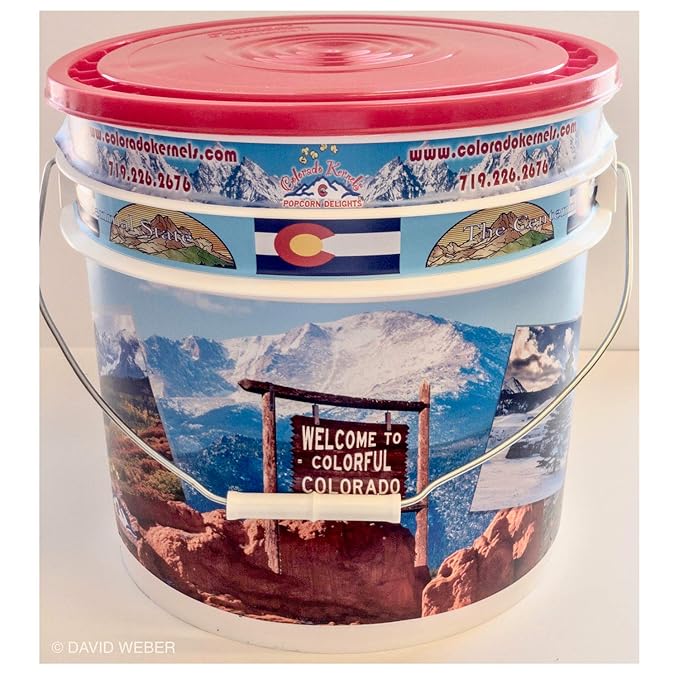 Popcorn by Colorado Kernels Popcorn Delights | 3.5 Gal CELEBRATE COLORADO MOUNTAINS Bucket | 6 lg resealable bags | Kettle Corn, Cheddar Cheese, Caramel Corn,Chocolate, Almonds/Pecans, Buffalo Ranch