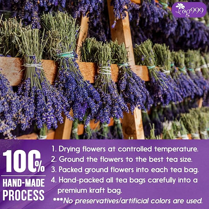 TOG999, Premium 60 Lavender Flower Tea Bags, 100% Natural & Pure from Lavender Flowers. Loose Flower Lavender Herbal Tea. Lavender Flower Tea. No Sugar, No Caffeine, No Gluten, Vegan.