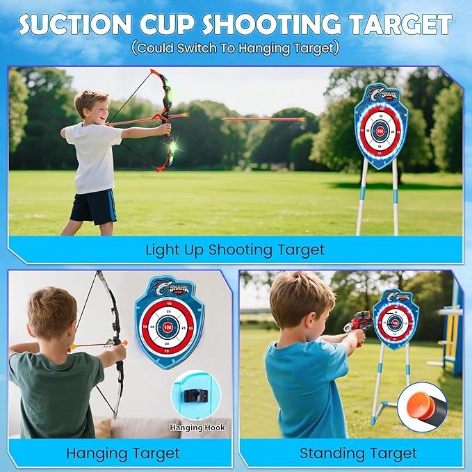 VATOS 2 Pack Bow and Arrow Toy with LED Light - 4 in 1 Archery & Dart Game Set with 20 Suction Cup Arrows, Shark Glow Target & Dart Board - Indoor/Outdoor Birthday Gift for Kids Boys Girls Ages 5-12