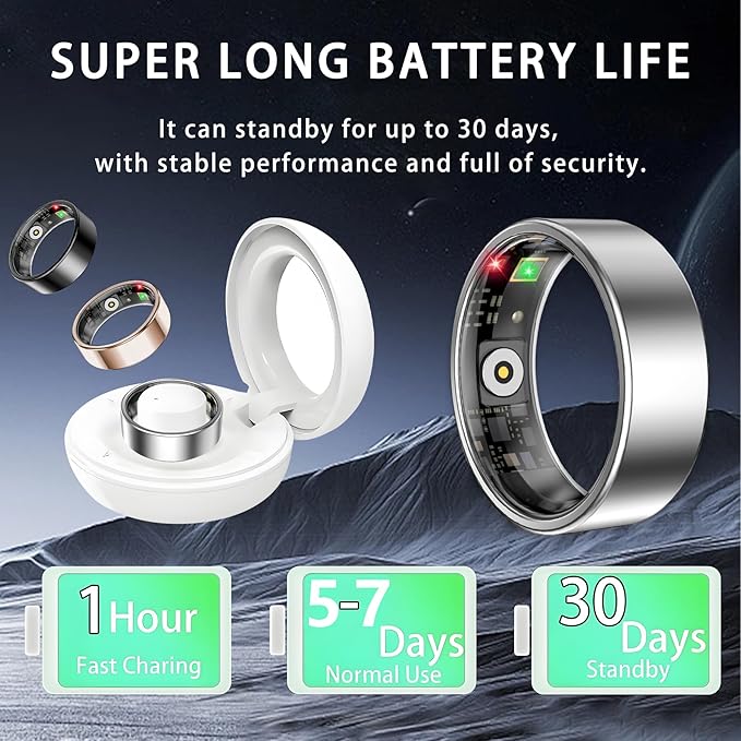 Smart Ring for Women Men, Sleep Tracker Ring, Waterproof Fitness Tracker Health Rings with Heart Rate Monitoring, Blood Oxygen, Stress Distance Calories Steps Tracking, No Subscription Fee(Silver, #7)