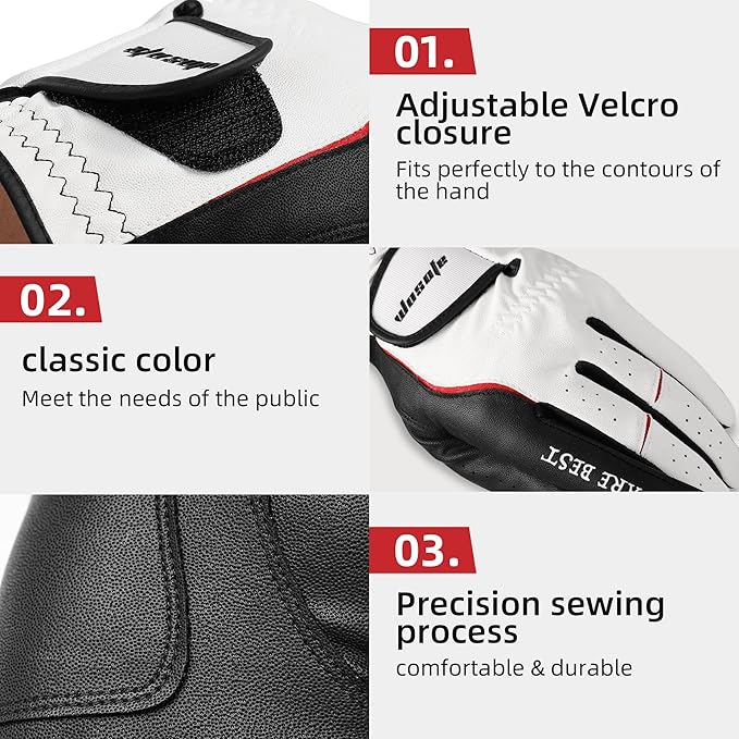 Golf Glove Men Left Hand Premium Leather Grip Soft Breathable Durable Fit All Weather with Golf Tee and Divot Repair Tool