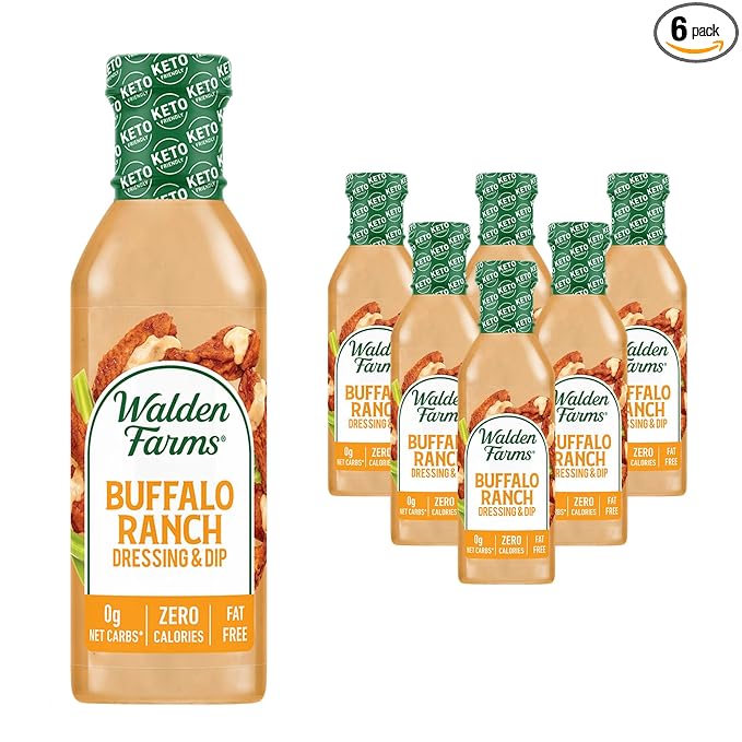 Walden Farms Buffalo Ranch Dressing & Dip – Calorie-Free, Gluten-Free, Low Carb, Keto-Friendly, Sugar-Free, Fat-Free, Dairy-Free Spicy Buffalo Ranch Flavor – 6-Pack, 12 oz Bottles