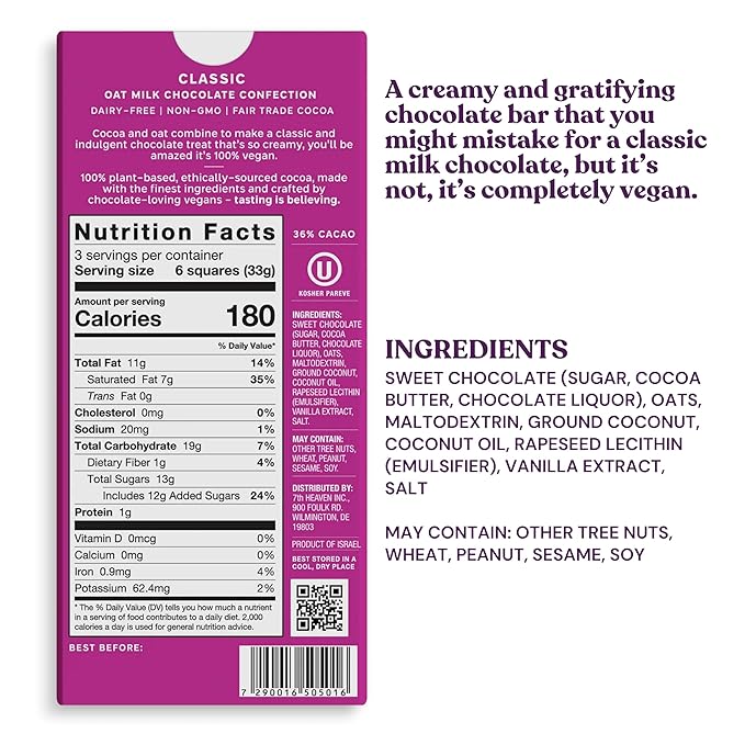 7th Heaven, Vegan Oat Milk Chocolate Bars (3.5oz Full Size Candy Bars - 4 Packs) - Perfect for Easter Candy, Plant Based Dairy Free Chocolate with Peanut Butter Filling, Fair Trade Cocoa & Coconut Oil, Kosher Parve