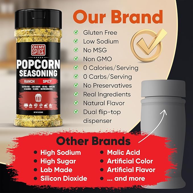 Popcorn Seasoning Spicy Ranch Seasoning Powder Mix - Gluten Free & Low Sodium Popcorn Flavoring Seasonings Dry Hot Ranch Powder Flavor. Healthy Spices Pop Corn Toppings. Pop Corn Salt Seasonings. 5oz
