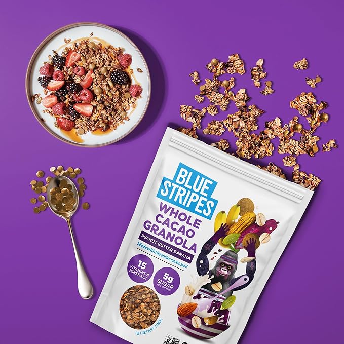 Blue Stripes Whole Cacao Granola - Gluten Free Dark Chocolate Granola for Cereal, Oatmeal, Yogurt, 5g Protein Per Serving, Source of Fiber, Vegan, Low Sugar - Peanut Butter Banana, 8 oz (6 Pack)
