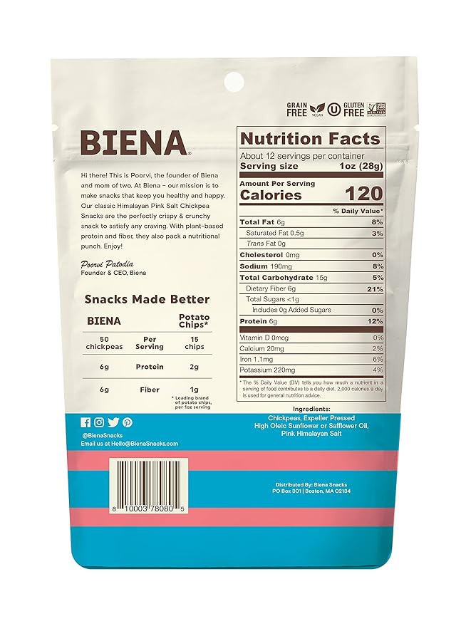 BIENA Roasted Chickpea Snacks – Himalayan Salt, 1 Value Pack – Crispy Salted Chickpeas Loaded with Protein & Fiber - Delicious, Healthy Snacks for Adults and Kids (Pack of 2)