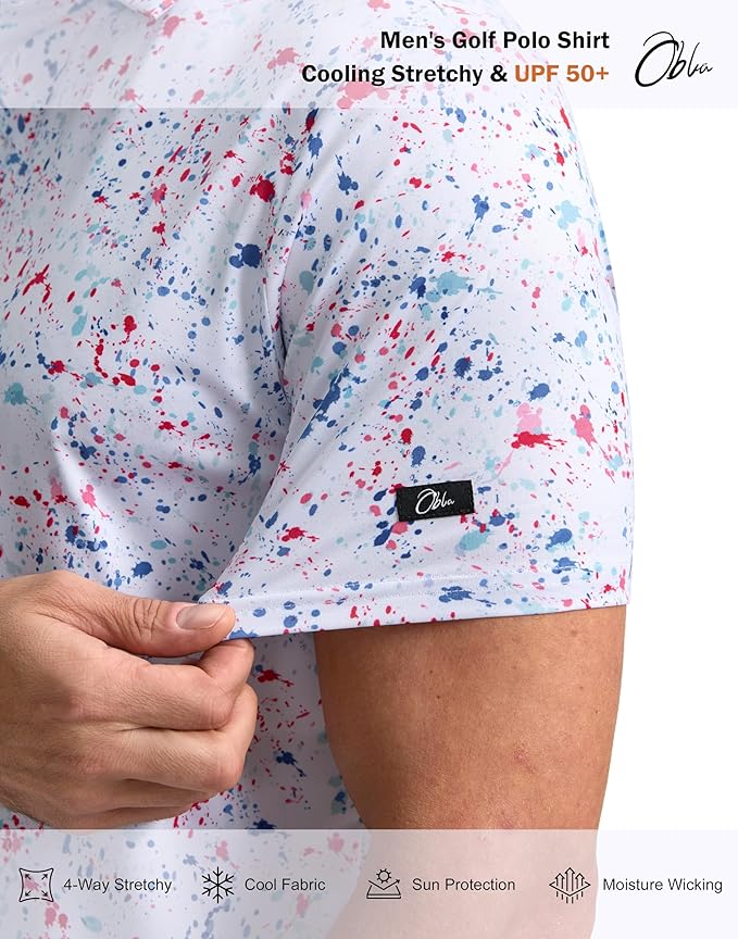 Obla Mens Golf Polo Shirts Short Sleeve Dry Fit Performance Moisture Wicking Casual Print Collared Golf Shirts for Men