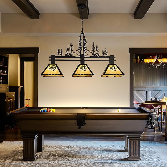 TOCHIC 3-Light Pool Table Light for 7' 8' 9' Table, 48" Rustic Tiffany Billiard Pool Table Lights, Farmhouse Chandelier for Dining Room Hanging Ceiling Light Fixture for Game Room Basement Bar