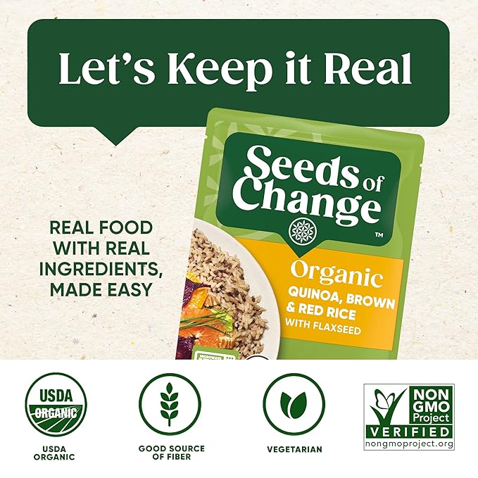 SEEDS OF CHANGE Organic Rice Variety Pack Quinoa and Brown Rice with Garlic & Quinoa Brown & Red Rice with Flaxseed, Microwaveable Ready to Heat, 8.5 Ounces (Pack of 6)