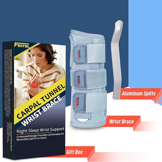 FEATOL Wrist Brace Carpal Tunnel for Women Men, Adjustable Night Sleep Support Brace with Splints Right Hand, Small/Medium
