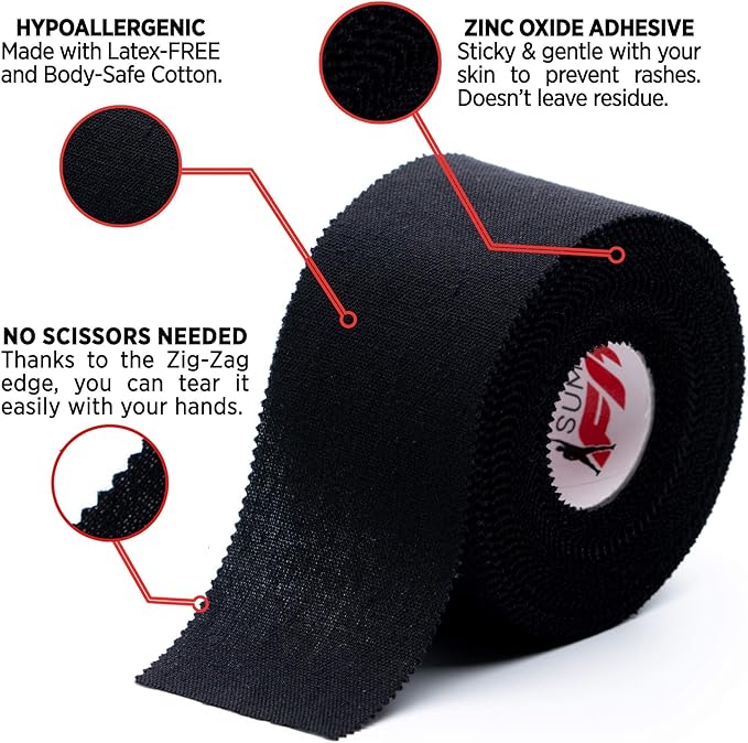 Black Athletic Tape Extremely Strong: 24 Rolls + 6 Finger Roll. Easy to Apply & No Residue. Sports Tape Athletic for Boxing Football Climbing or Gymnastics for Wrist Ankle & Hand Protection