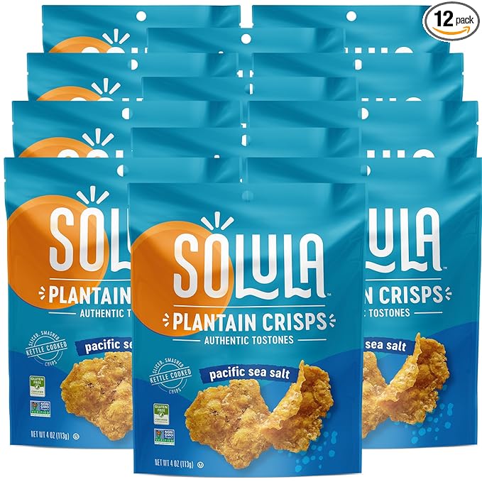 Solula Plantain Crisps Authentic Tostones, Pacific Sea Salt, 4 Ounce (Pack of 12), Kettle Cooked Chips, Gluten Free, Paleo Friendly, Grain Free, Vegan