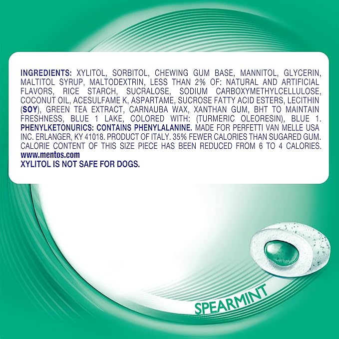 Mentos Pure Fresh Sugar-Free Chewing Gum with Xylitol, Spearmint, in a recyclable 90% Paperboard Bottle, 80 Piece, Pack of 4 Bottles