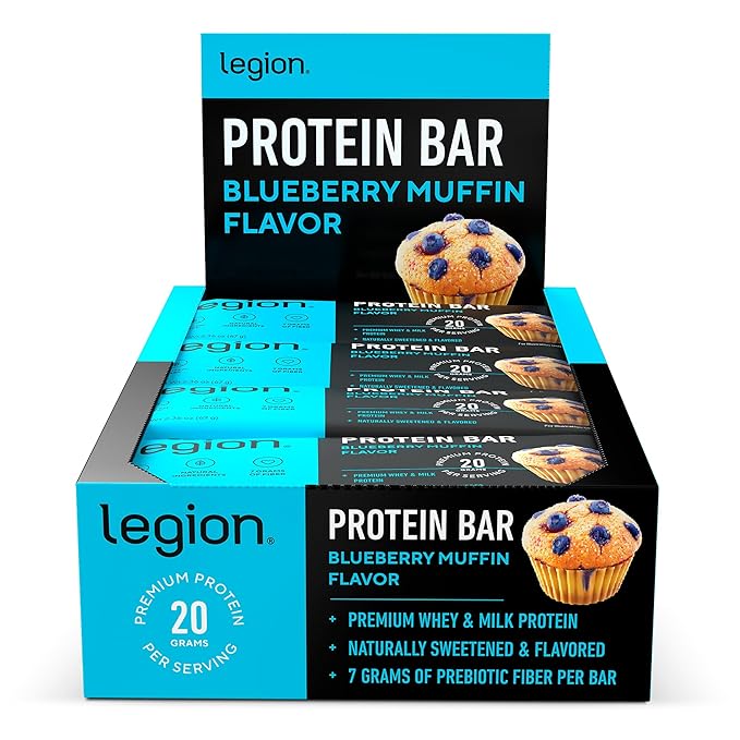 Legion Protein Bar Blueberry Muffin - 100% Whey Protein, Soy Free Protein Bars with Prebiotic Fiber - Low Fat Healthy Protein Bar - Gluten Free, Naturally Flavored, Low Sugar Protein Bars (12 Count)